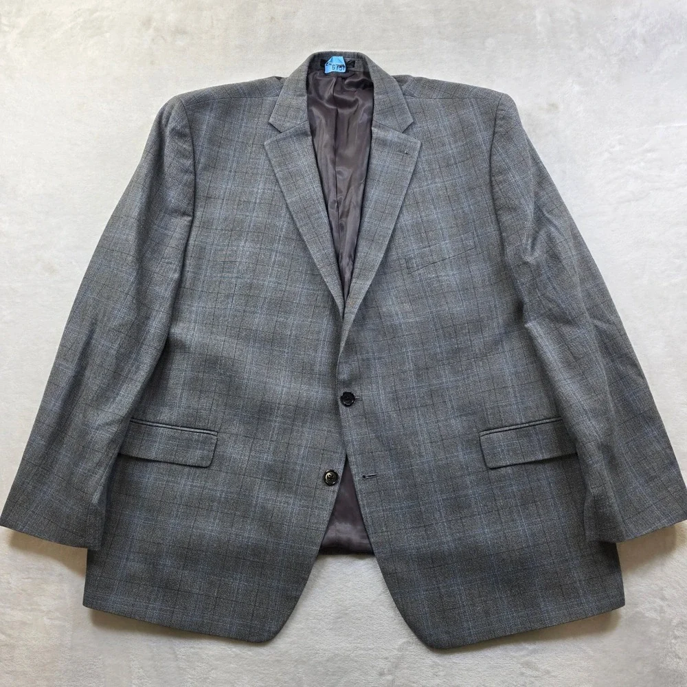 LRL Ralph Lauren Blazer Mens 52R 54R Grey Blue Plaid‎ Wool Blend Sport Coat